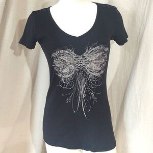 Ribbed Bling Rhinestone Graphic Tee Shirt - Black - …